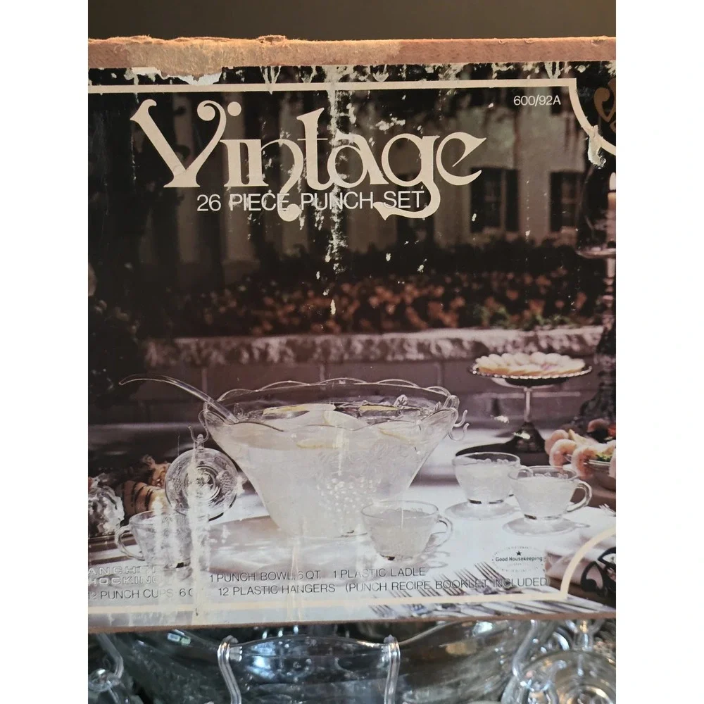 Vintage 1960's Anchor Hocking Glass Punch Bowl with 12 Cups Grape Leaf Pattern